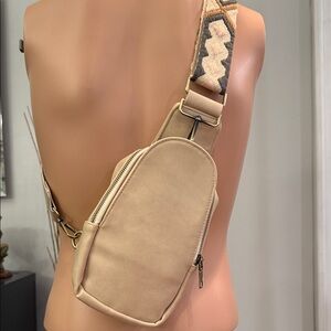 Beige Crossbody Sling Bag with Patterned Strap